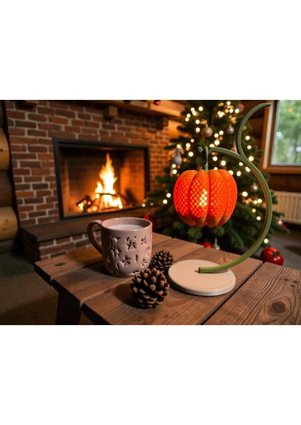 3D Baskı Askılı Bal Kabağı Tea Light Gece Lambası | Pilli LED Işık | 22 cm Alevsiz Fener Turuncu