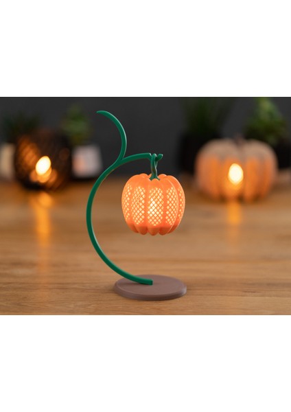 3D Baskı Askılı Bal Kabağı Tea Light Gece Lambası | Pilli LED Işık | 22 cm Alevsiz Fener Turuncu modelleri