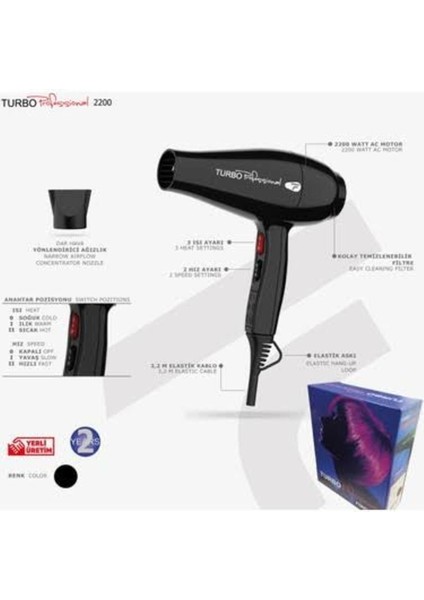 Yüksek Güçlü Siyah Profesyonel Fön Makinesi 2200W