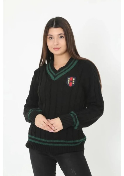 V Yaka Örgülü Kazak - Siyah