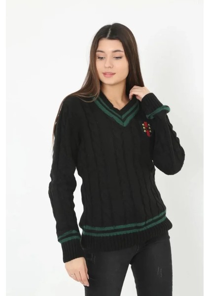 V Yaka Örgülü Kazak - Siyah fiyatları