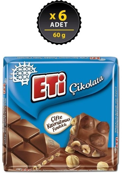 Çikolata Çifte Kavrulmuş Fındıklı Sütlü Kare 60 G x 6 Adet