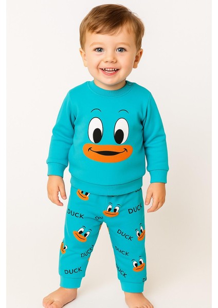 Kız/erkek Bebek Unısex Duck Ördek Desenli 2li Takım Sweatshirt ve Alt 6-9-12-18AY
