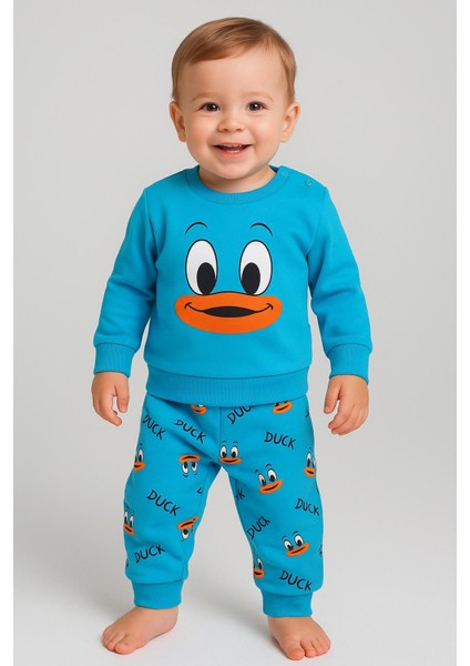 Kız/erkek Bebek Unısex Duck Ördek Desenli 2li Takım Sweatshirt ve Alt 6-9-12-18AY
