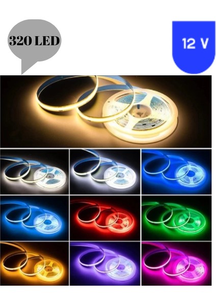 12 Volt 8 mm 320 Ledli Esnek Cob Şerit 6500 K Beyaz Iç Mekan 5 Metre fiyatları