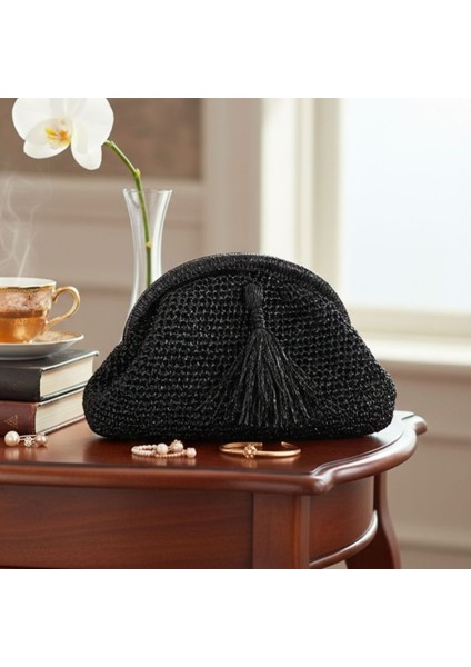 1169 El Yapımı Püskül Detaylı Siyah Burslu Çanta / 14 x 23 cm