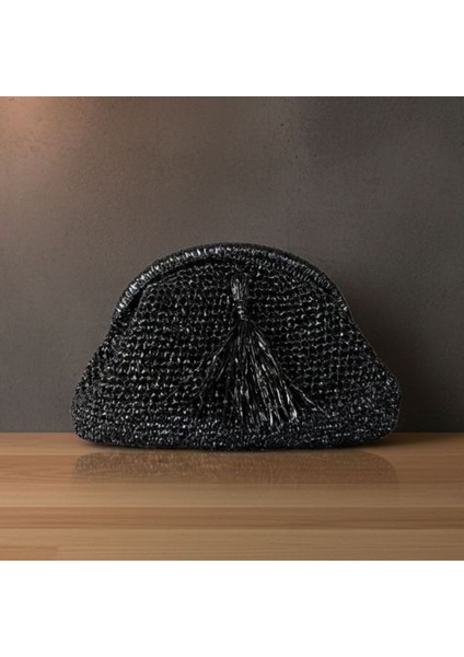 1169 El Yapımı Püskül Detaylı Siyah Burslu Çanta / 14 x 23 cm modelleri