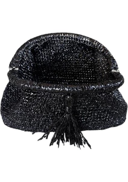 1169 El Yapımı Püskül Detaylı Siyah Burslu Çanta / 14 x 23 cm