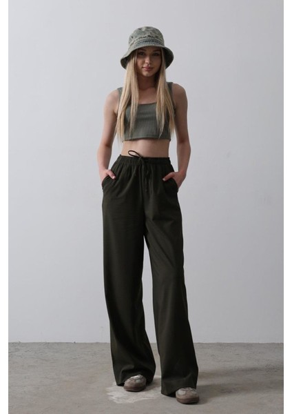 Beli Lastikli Bol Paça Pantolon - Haki