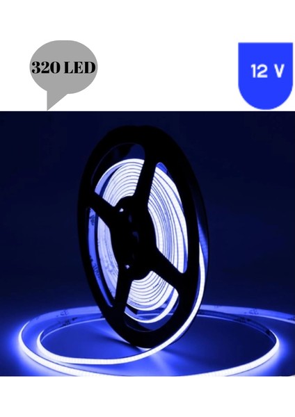 12 Volt 8 mm 320 Ledli Esnek Cob Şerit Mavi Iç Mekan 5 Metre