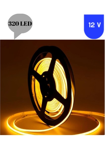12 Volt 8 mm 320 Ledli Esnek Cob Şerit Sarı Amber Iç Mekan 5 Metre