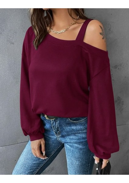 Kadın Uzun Kollu Tek Omuz Askı Detay Salaş Dalgıç Bluz
