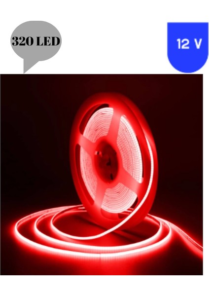 12 Volt 8 mm 320 Ledli Esnek Cob Şerit Kırmızı Iç Mekan 5 Metre