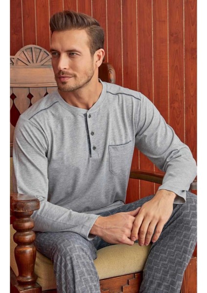 Erkek Gri Yarım Düğmeli Pijama Takım