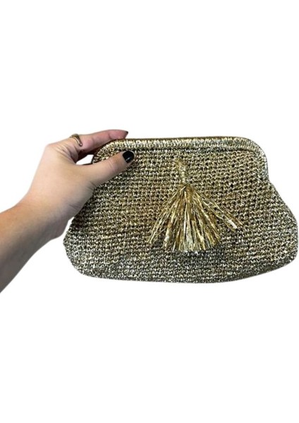 9781 El Yapımı Püskül Detaylı Gold Burslu Çanta / 17 x 27 cm modelleri