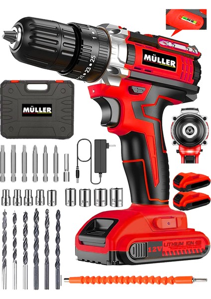 Germany Su Terazili Çelik Şanzuman Bakır Sargılı Çift Akülü Şarjlı Matkap 27 Parça Set