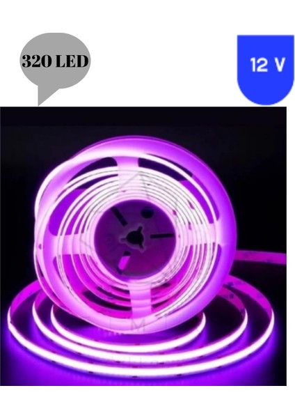 12 Volt 8 mm 320 Ledli Esnek Cob Şerit Mor Iç Mekan 5 Metre