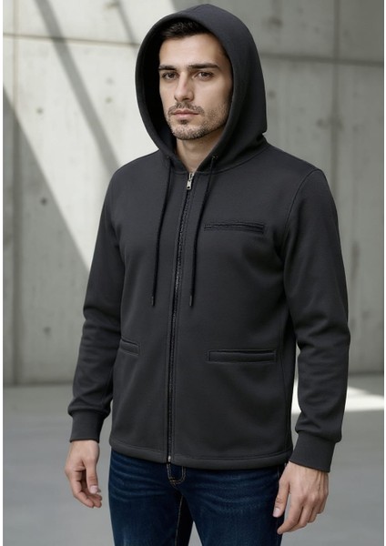 Kapşonlu Fermuarlı Erkek Hırka