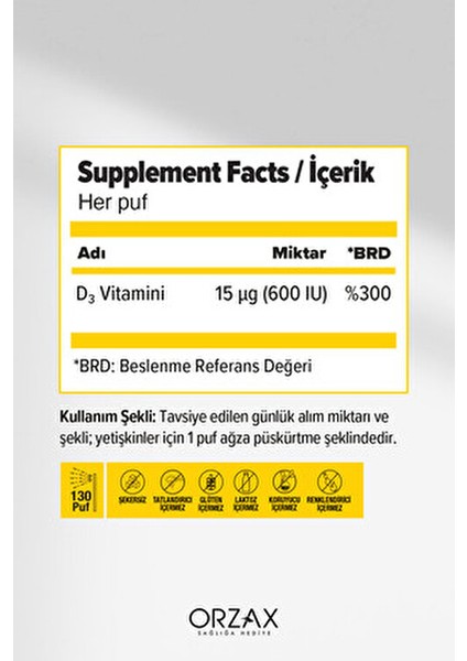 Vitamin D3 600 IU Takviye Edici Gıda 20 ml Koruyucu ve Kimyasal Katkı Maddesi İçermez modelleri