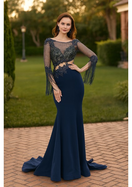 Boncuk İşlemeli Lacivert Abiye Elbise 75501L