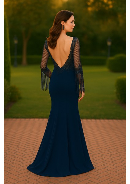 Boncuk İşlemeli Lacivert Abiye Elbise 75501L