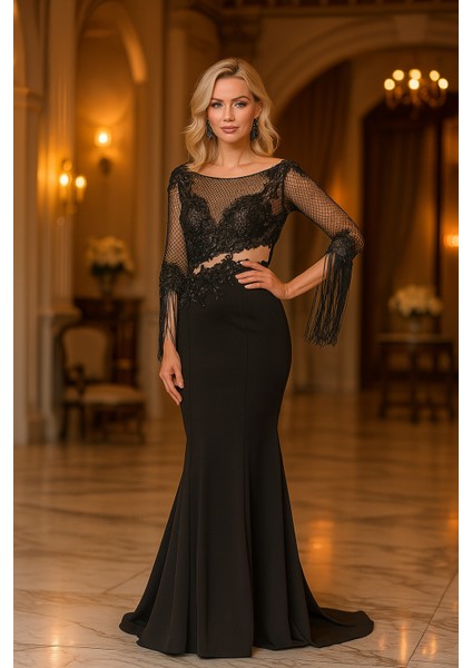 Boncuk İşlemeli Siyah Abiye Elbise 75501S fiyatları