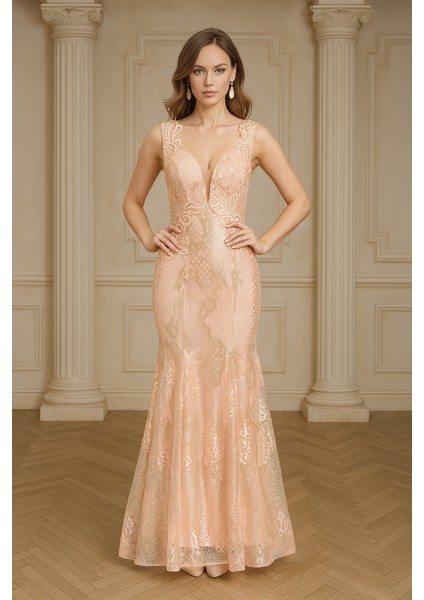 Dantel Detaylı Somon Abiye Elbise 7555SMN