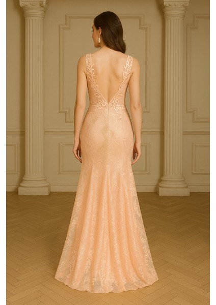 Dantel Detaylı Somon Abiye Elbise 7555SMN