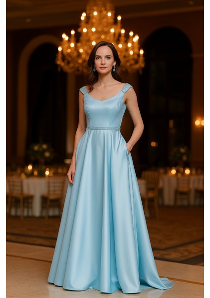 Abiye Elbise Boncuk Detaylı Bebek Mavisi Saten Bulava Abiye Elbise 44260BM