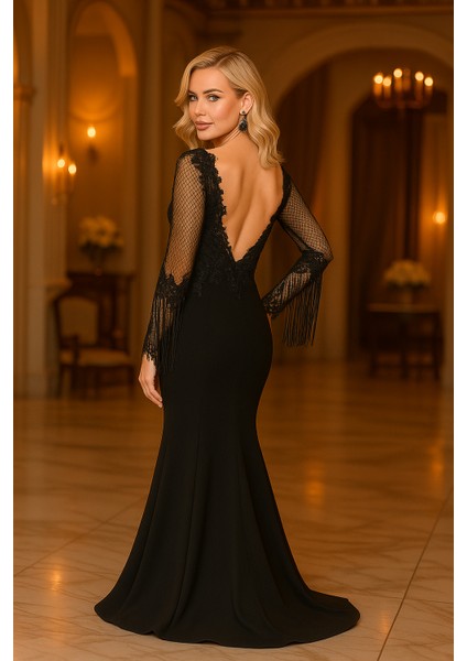 Boncuk İşlemeli Siyah Abiye Elbise 75501S modelleri