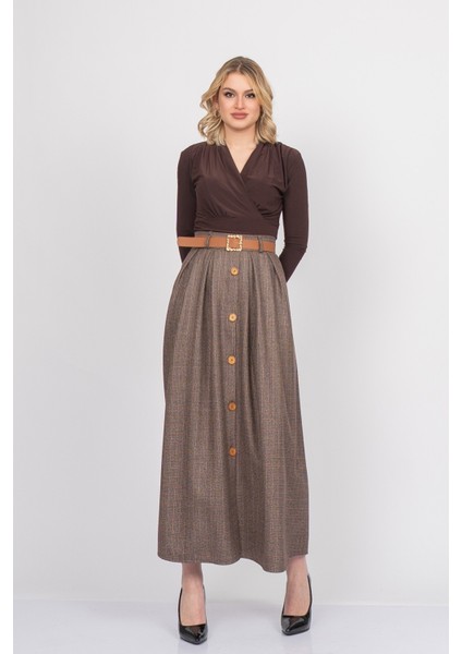 Prestij Düğmeli Kemerli Dokuma Etek – Yüksek Bel Form 6835