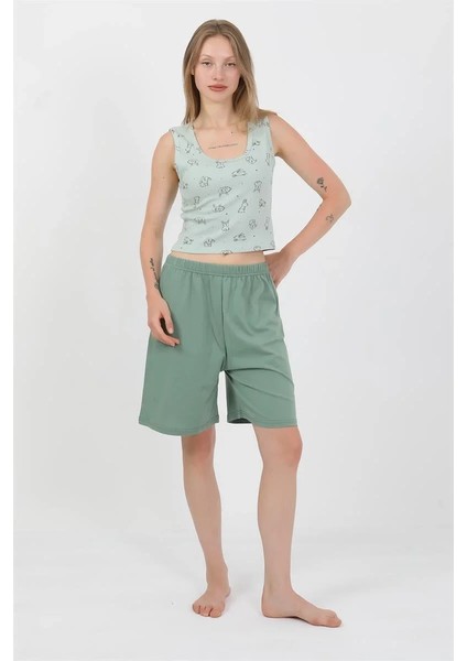 Kadın Kalın Askılı Pamuk Penye Şortlu Crop Takım Suyeşili