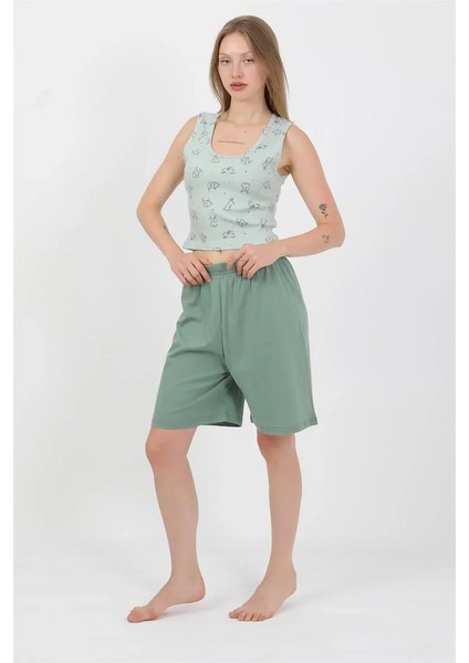 Kadın Kalın Askılı Pamuk Penye Şortlu Crop Takım Suyeşili fiyatları