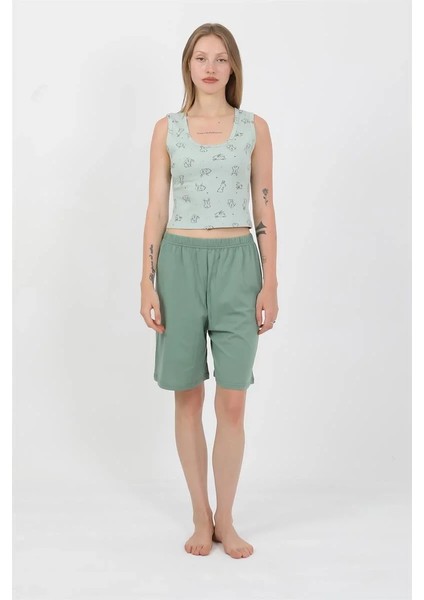 Kadın Kalın Askılı Pamuk Penye Şortlu Crop Takım Suyeşili modelleri