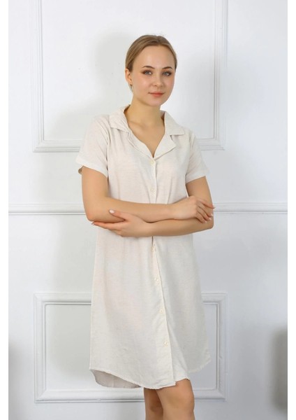 Kadın Pamuk Keten Kısa Kol Düğmeli Krem Tunik Gecelik fiyatları