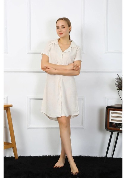 Kadın Pamuk Keten Kısa Kol Düğmeli Krem Tunik Gecelik modelleri