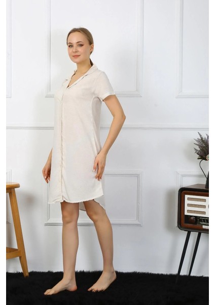 Kadın Pamuk Keten Kısa Kol Düğmeli Krem Tunik Gecelik fırsatları