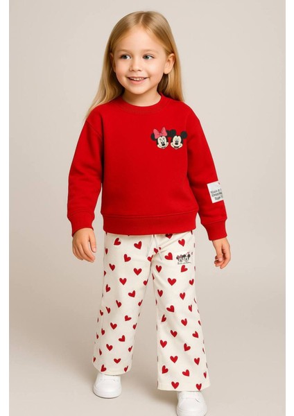 Kız Çocuk 3 Iplik Şardonsuz %100 Pamuk Minnie Mouse Desenli Geniş Paça Cepli Eşofman Takımı