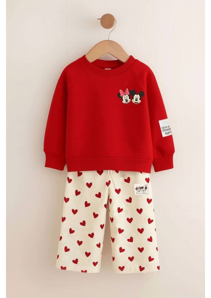 Kız Çocuk 3 Iplik Şardonsuz %100 Pamuk Minnie Mouse Desenli Geniş Paça Cepli Eşofman Takımı modelleri