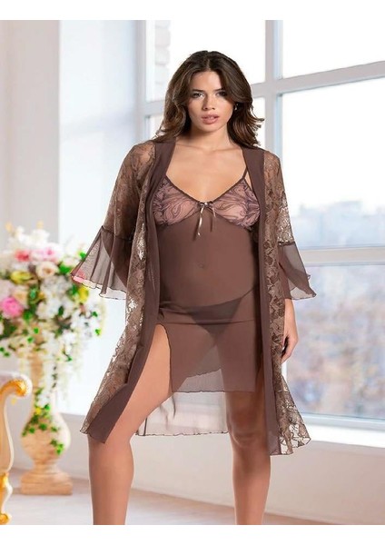 Arias Closet Haki Transparan Dantel Işlemeli Tül Yırtmaçlı 2'li Gecelik Takımı