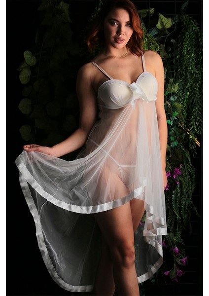 Beyaz Petli Tül Şifon Gecelik - 230