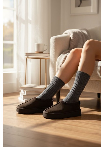Süet Içi Kürklü Düz Taban Sabo Kışlık Kadın Terlik TZZ