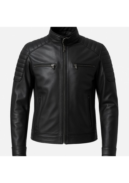 Erkek Gerçek Deri Regular Fit Fermuarlı Biker Detaylı Ceket