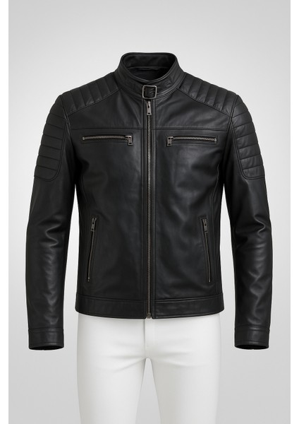 Erkek Gerçek Deri Regular Fit Fermuarlı Biker Detaylı Ceket fırsatları