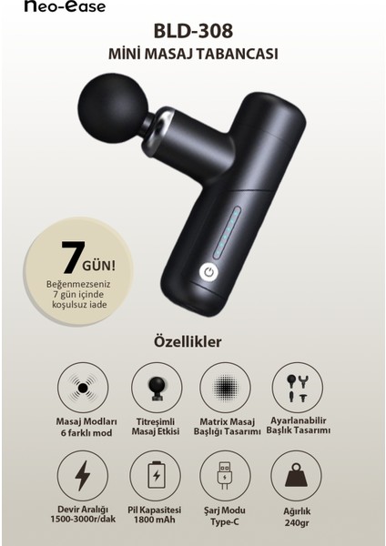 Yüksek Kaliteli Fırçasız Motorlu Mini Masaj Tabancası - Siyah