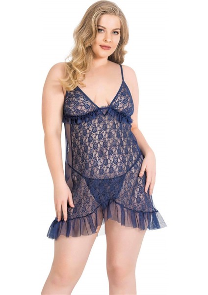 Arias Closet Büyük Beden Lacivert Kısa Tül Gecelik