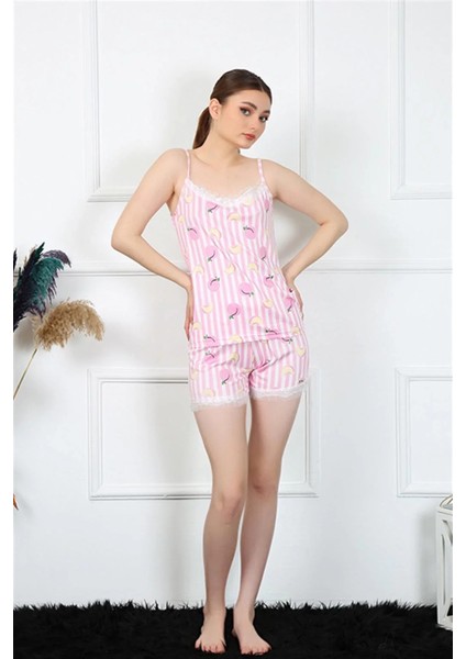 Kadın Ip Askılı Pembe Şortlu Takım