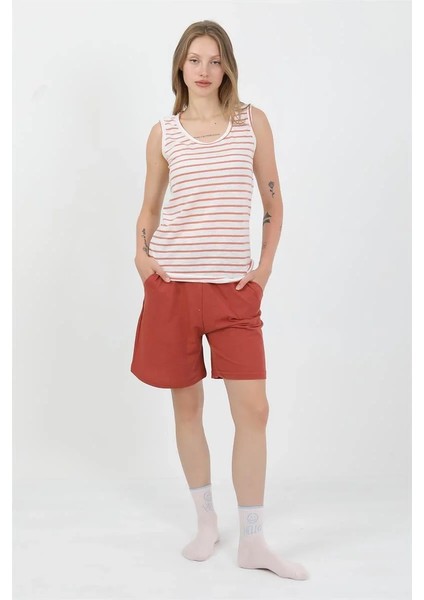 Kadın Kalın Askılı Pamuk Penye Şortlu Takım Turuncu