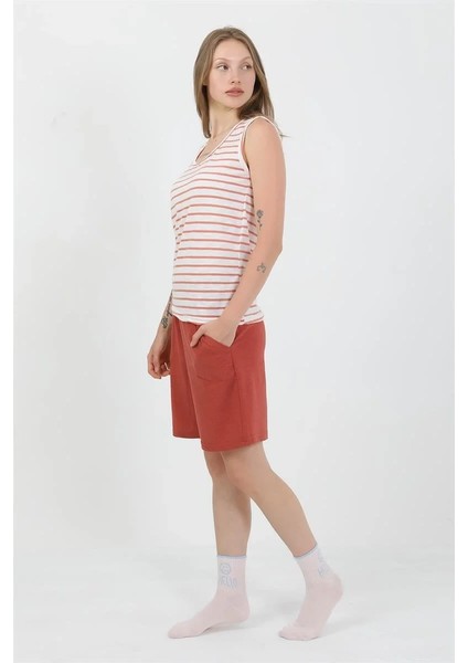 Kadın Kalın Askılı Pamuk Penye Şortlu Takım Turuncu modelleri