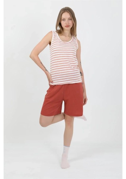Kadın Kalın Askılı Pamuk Penye Şortlu Takım Turuncu fırsatları
